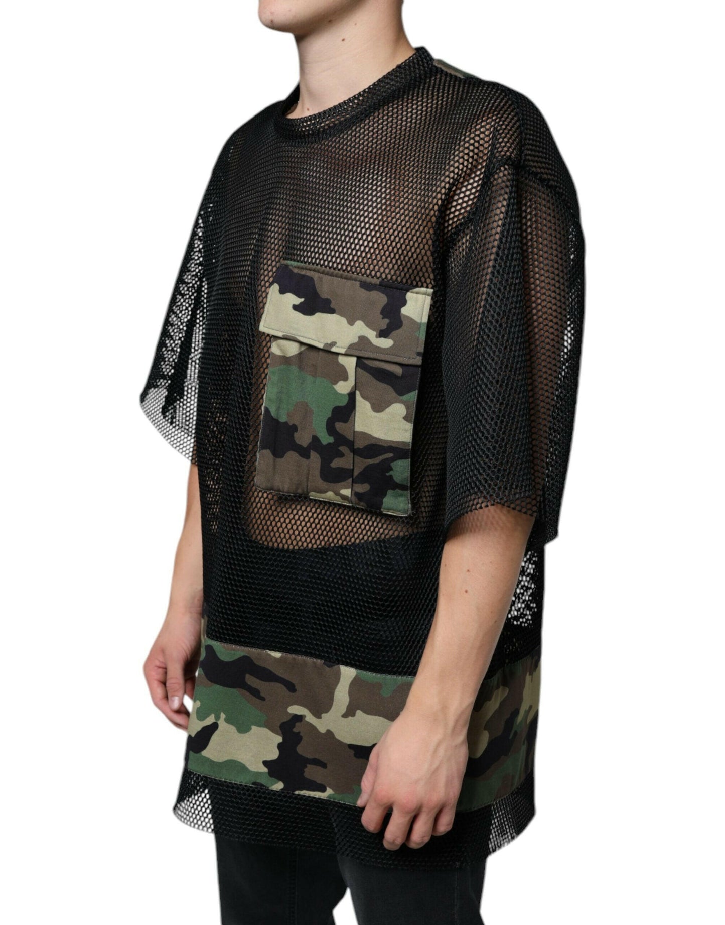 Dolce &amp; Gabbana – Schwarzes, kurzärmliges T-Shirt mit Camouflage-Muster aus Netzstoff
