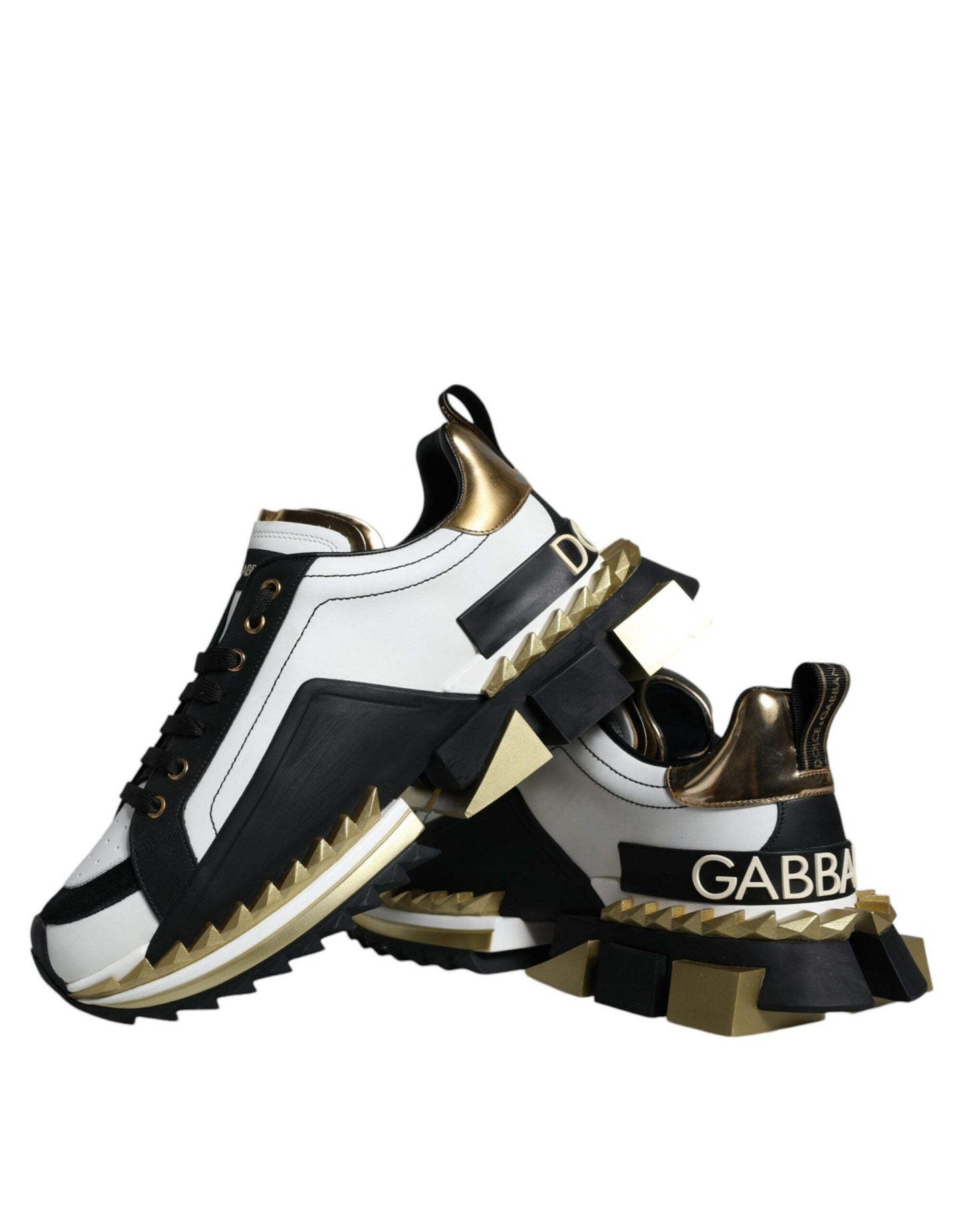 Dolce &amp; Gabbana Weißgold Schwarz Leder SUPER KING Sneakers Schuhe