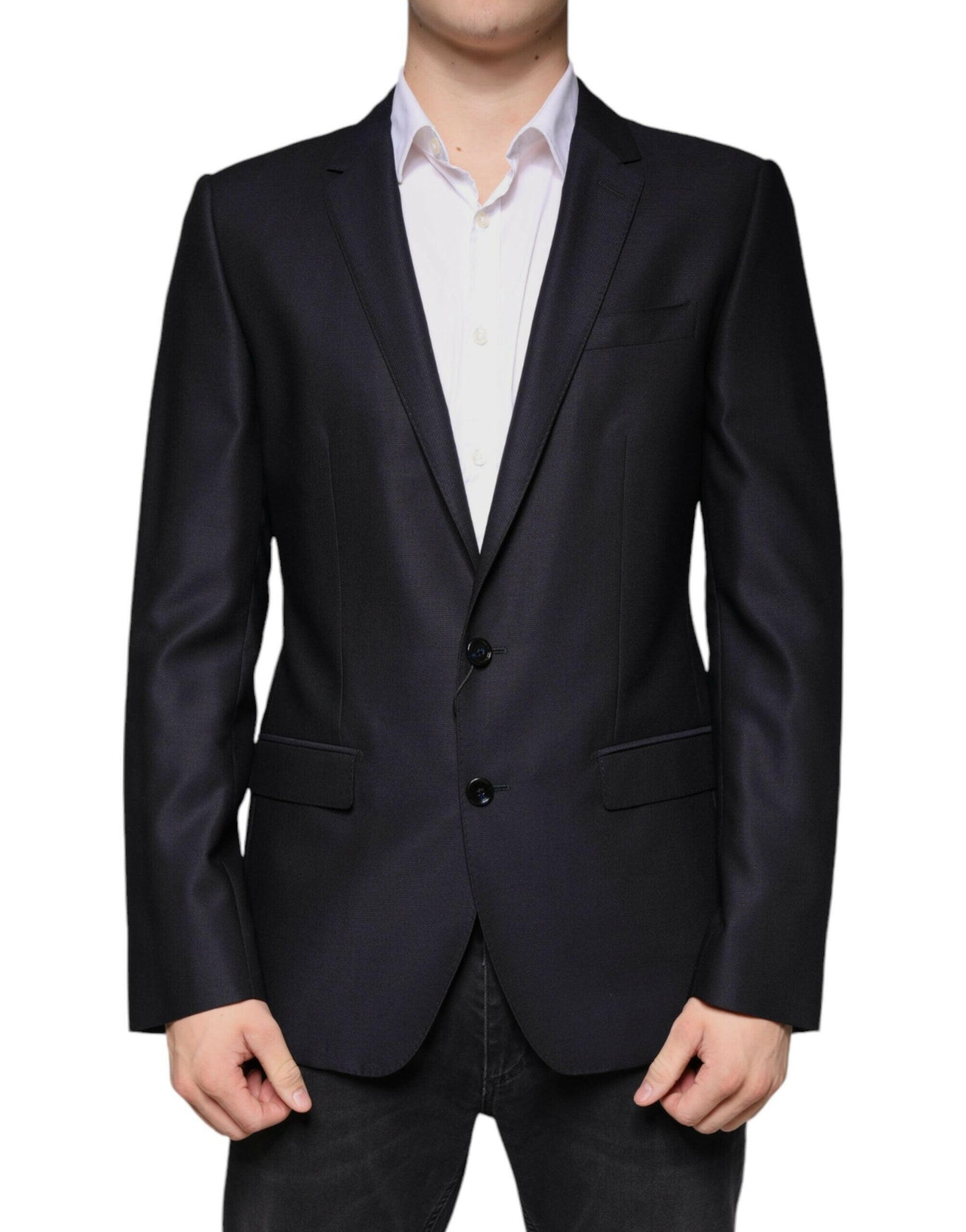 Blazer-manteau simple boutonnage en laine bleu foncé Dolce &amp; Gabbana