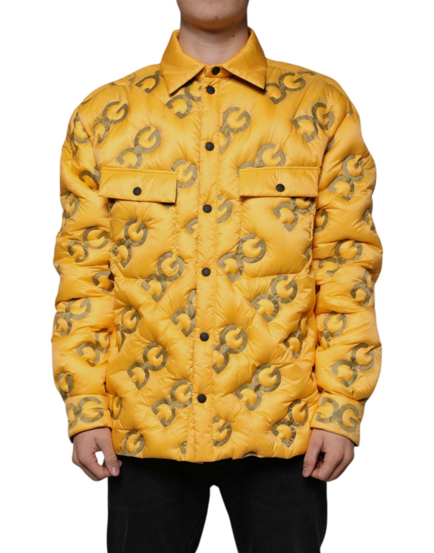 Veste blouson boutonnée matelassée à logo jaune Dolce &amp; Gabbana