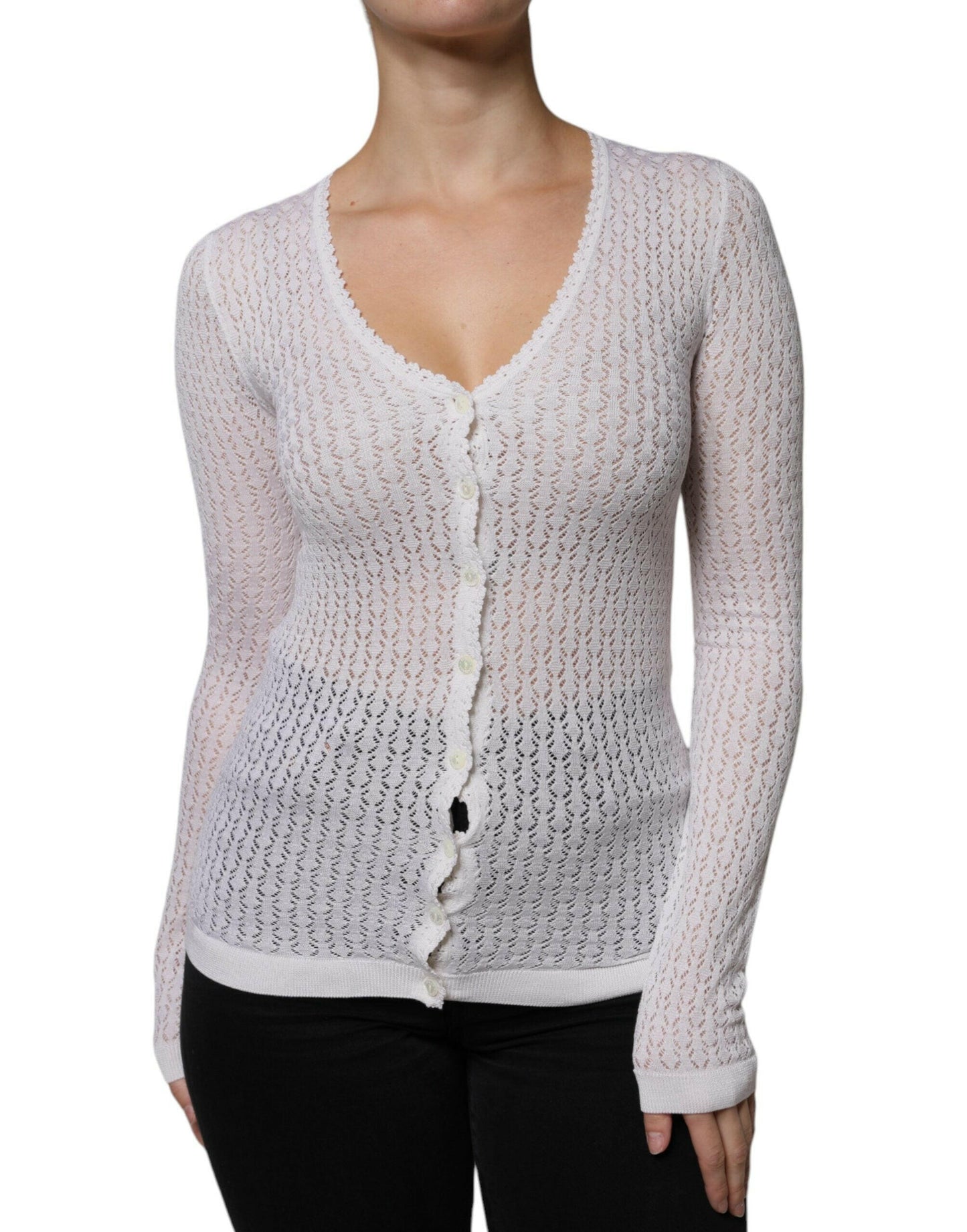 Pull cardigan boutonné en soie blanche Dolce &amp; Gabbana