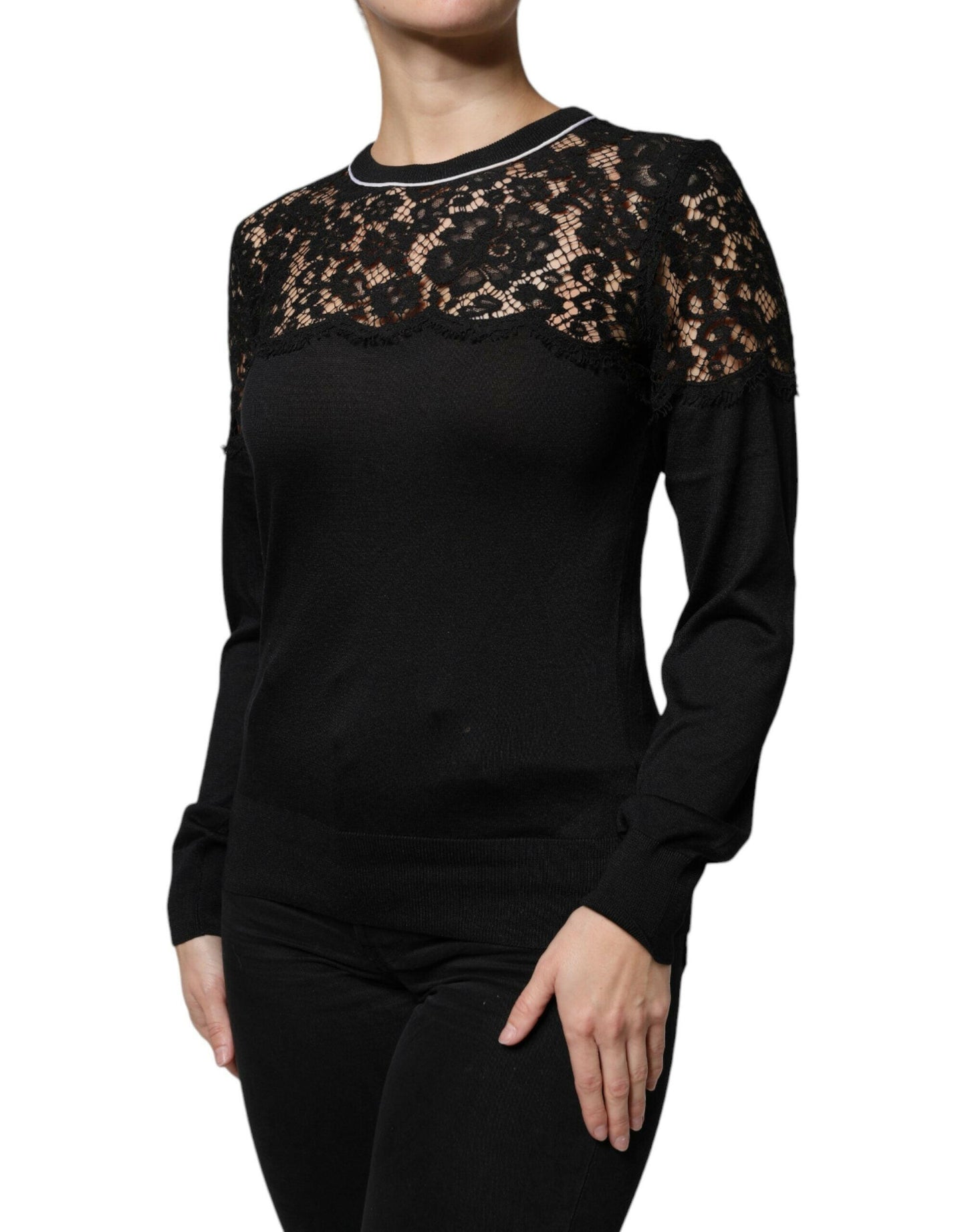 Dolce &amp; Gabbana – Schwarze Bluse aus Seiden-Pullover mit Blumenspitze