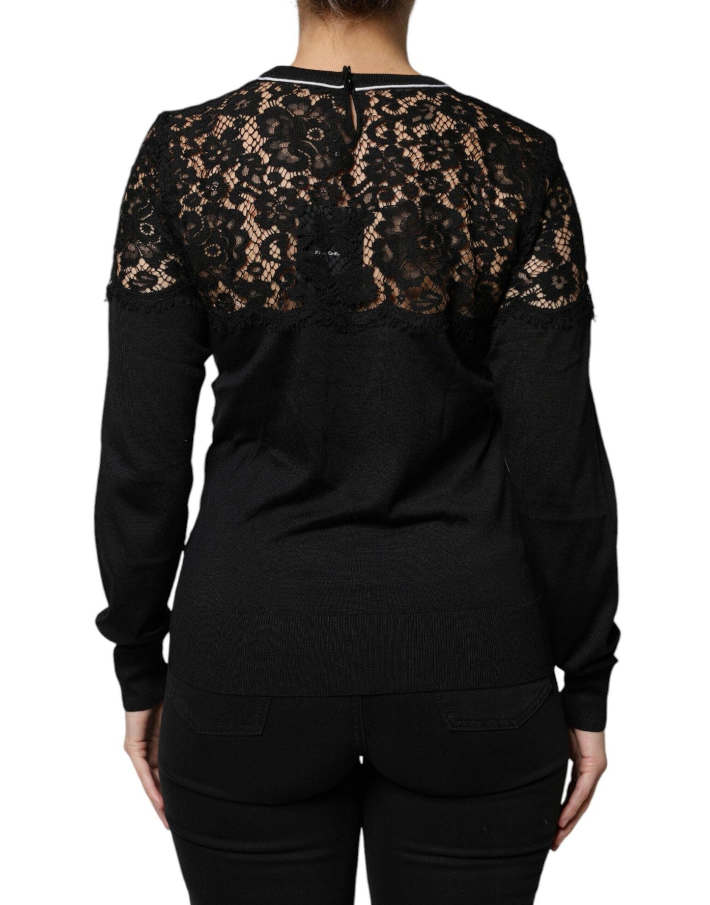 Dolce &amp; Gabbana – Schwarze Bluse aus Seiden-Pullover mit Blumenspitze