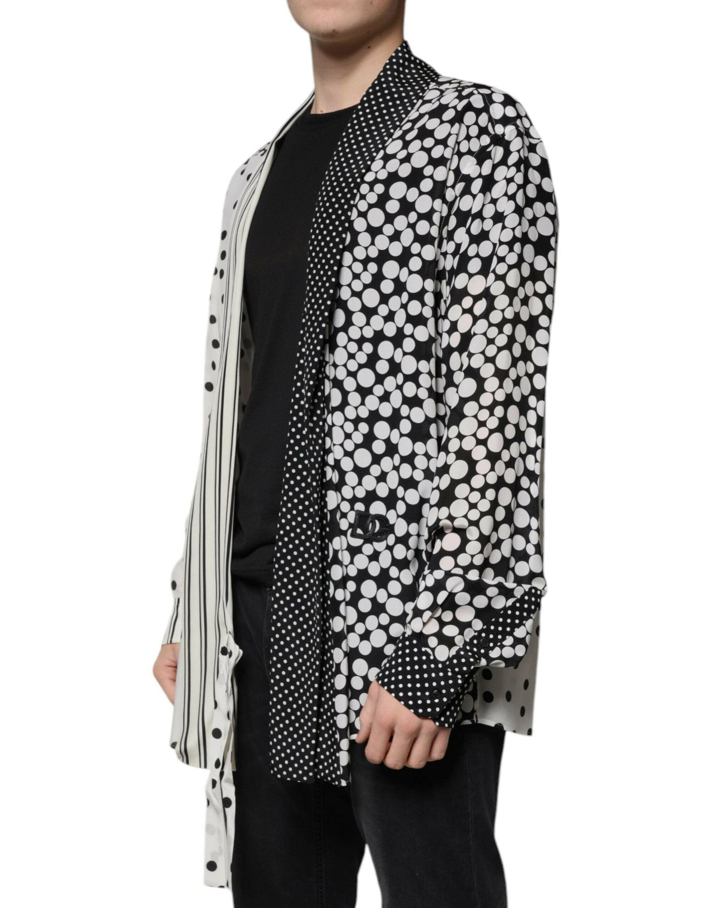 Chemise décontractée en soie à pois noirs et blancs Dolce &amp; Gabbana pour homme
