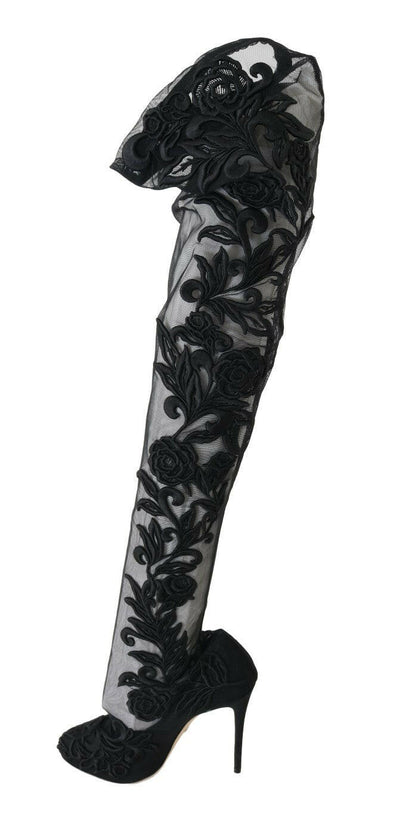 Dolce & Gabbana Black Floral Embroidered Socks Boots