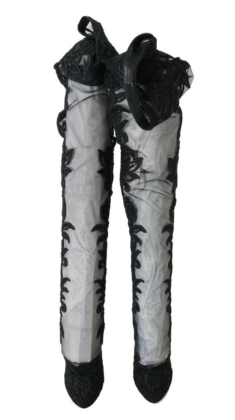 Dolce & Gabbana Black Floral Embroidered Socks Boots