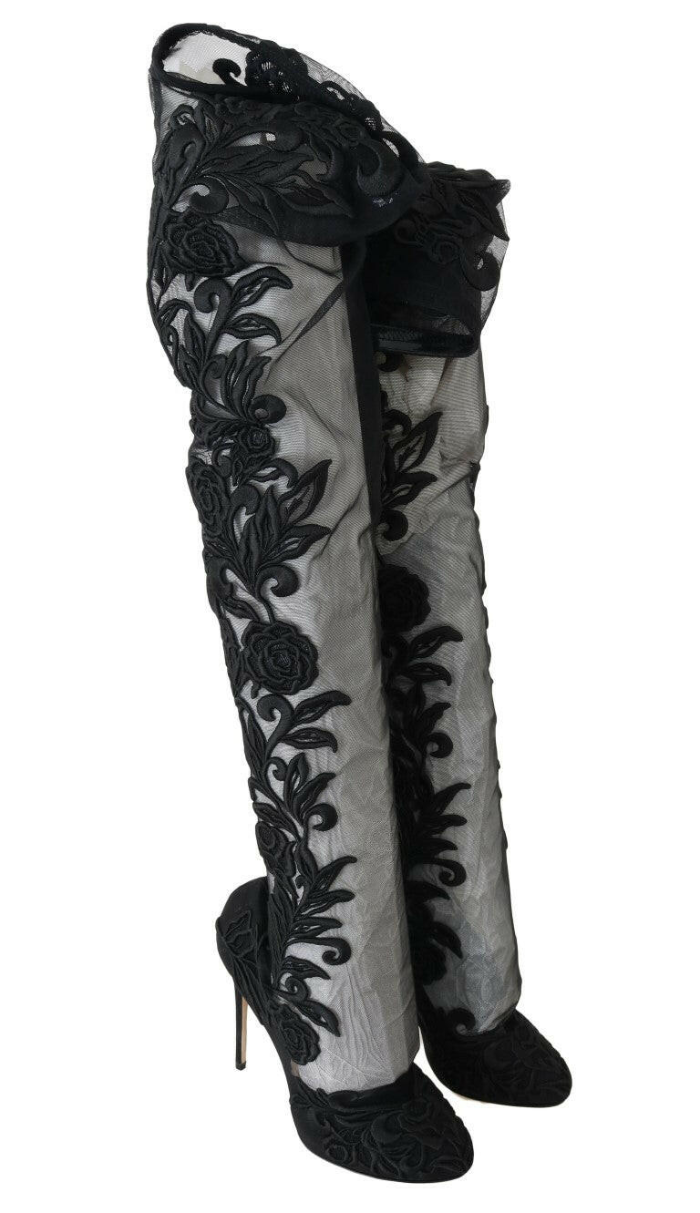 Dolce & Gabbana Black Floral Embroidered Socks Boots
