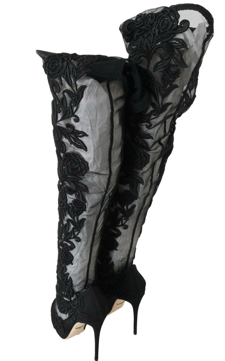 Dolce & Gabbana Black Floral Embroidered Socks Boots