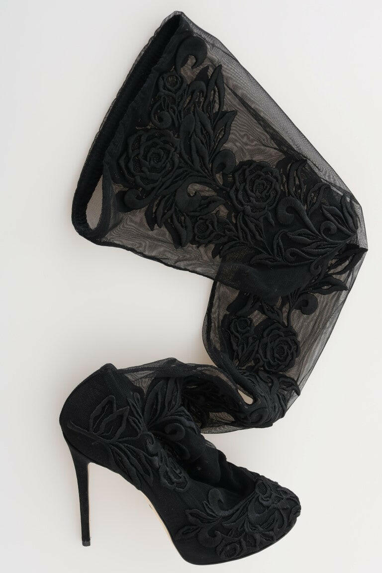 Dolce & Gabbana Black Floral Embroidered Socks Boots