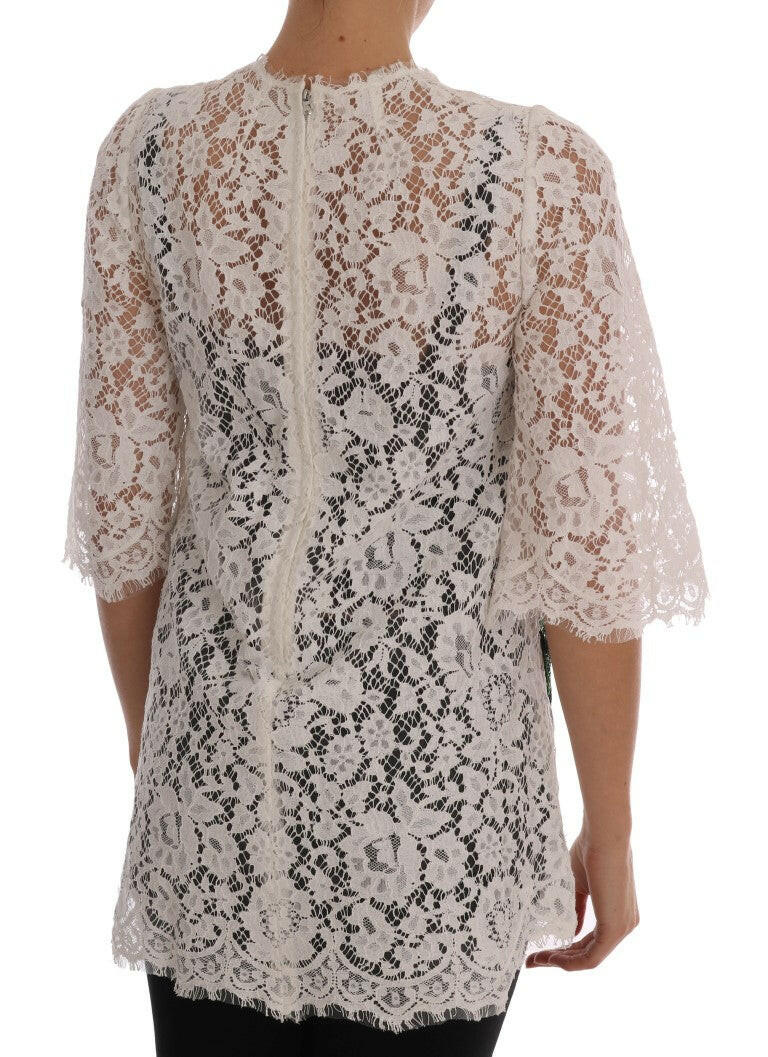 Dolce & Gabbana White Crystal Embellished Lace Blouse