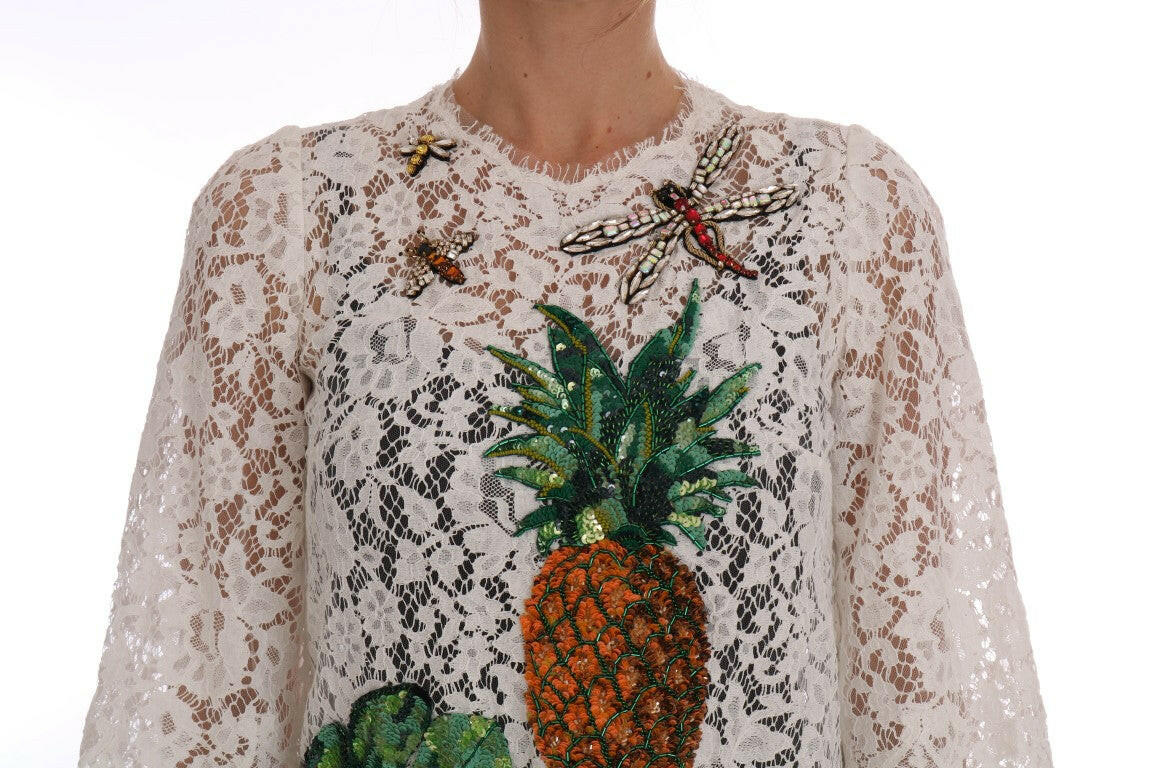 Dolce & Gabbana White Crystal Embellished Lace Blouse