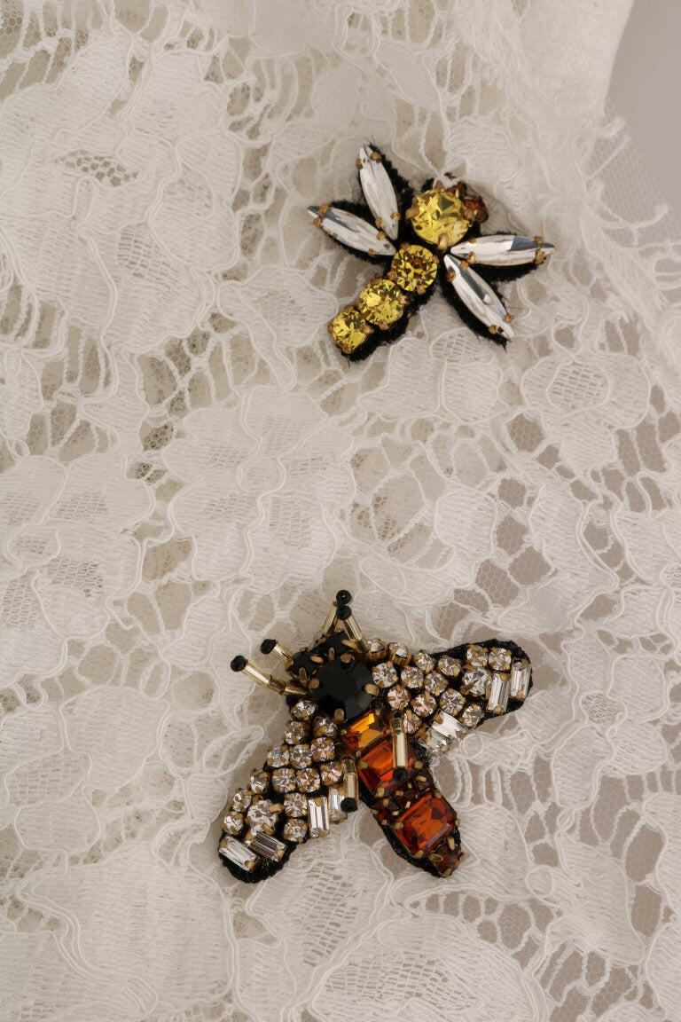 Dolce & Gabbana White Crystal Embellished Lace Blouse