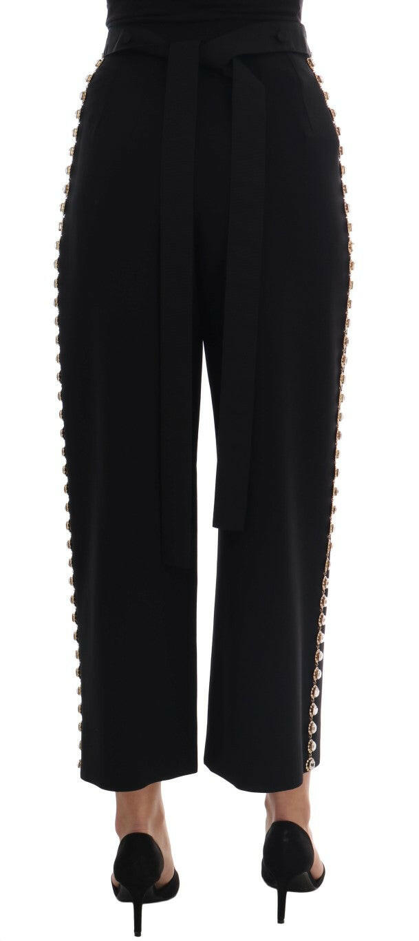 Dolce &amp; Gabbana Schwarze Stretch-Hose aus Wolle mit Kristallen