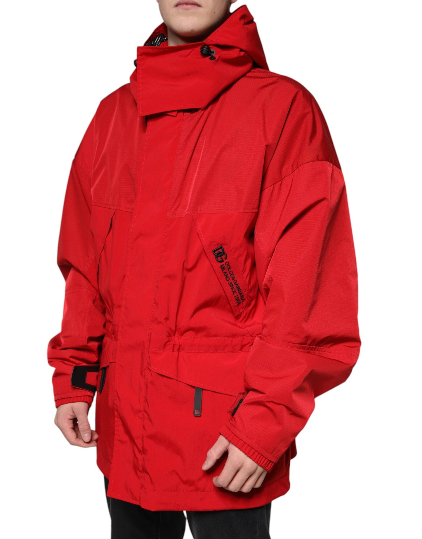 Parka à capuche en nylon rouge Dolce &amp; Gabbana pour homme avec fermeture éclair intégrale