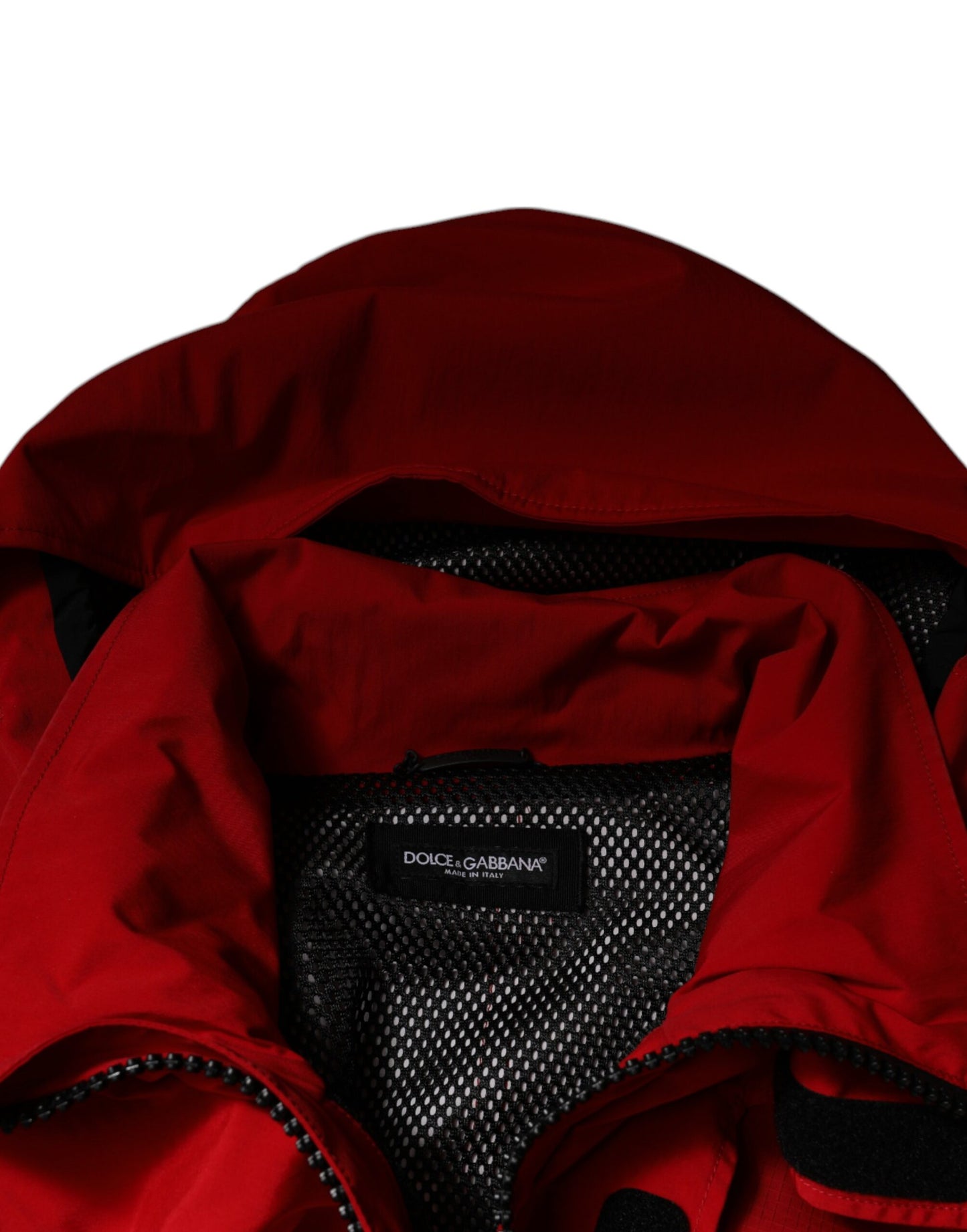 Parka à capuche en nylon rouge Dolce &amp; Gabbana pour homme avec fermeture éclair intégrale