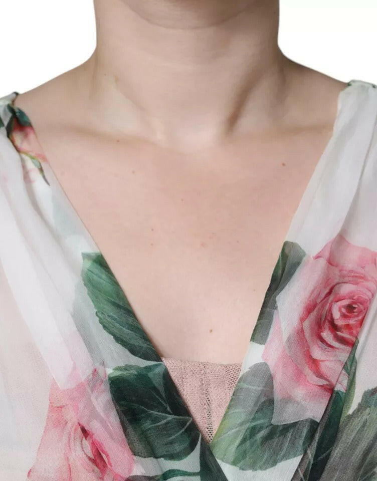 Dolce &amp; Gabbana – Weißes A-Linien-Midikleid aus Seide mit Blumendruck