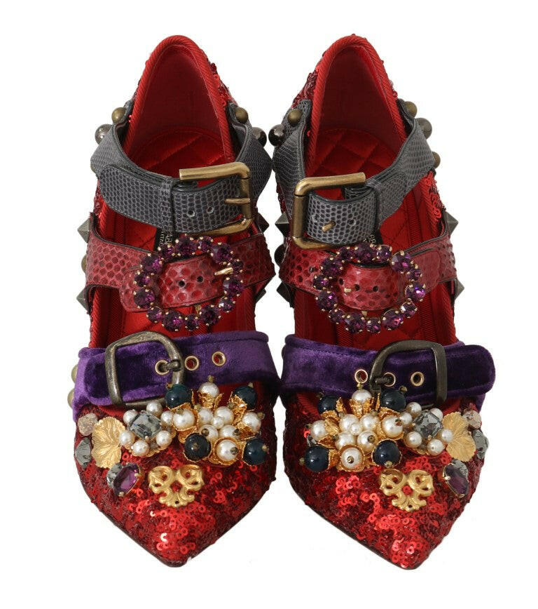 Dolce &amp; Gabbana Rote Pailletten-Heels mit Kristallnieten