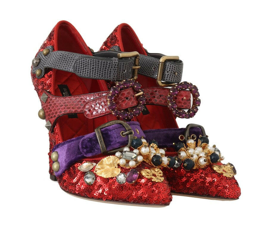 Dolce &amp; Gabbana Rote Pailletten-Heels mit Kristallnieten