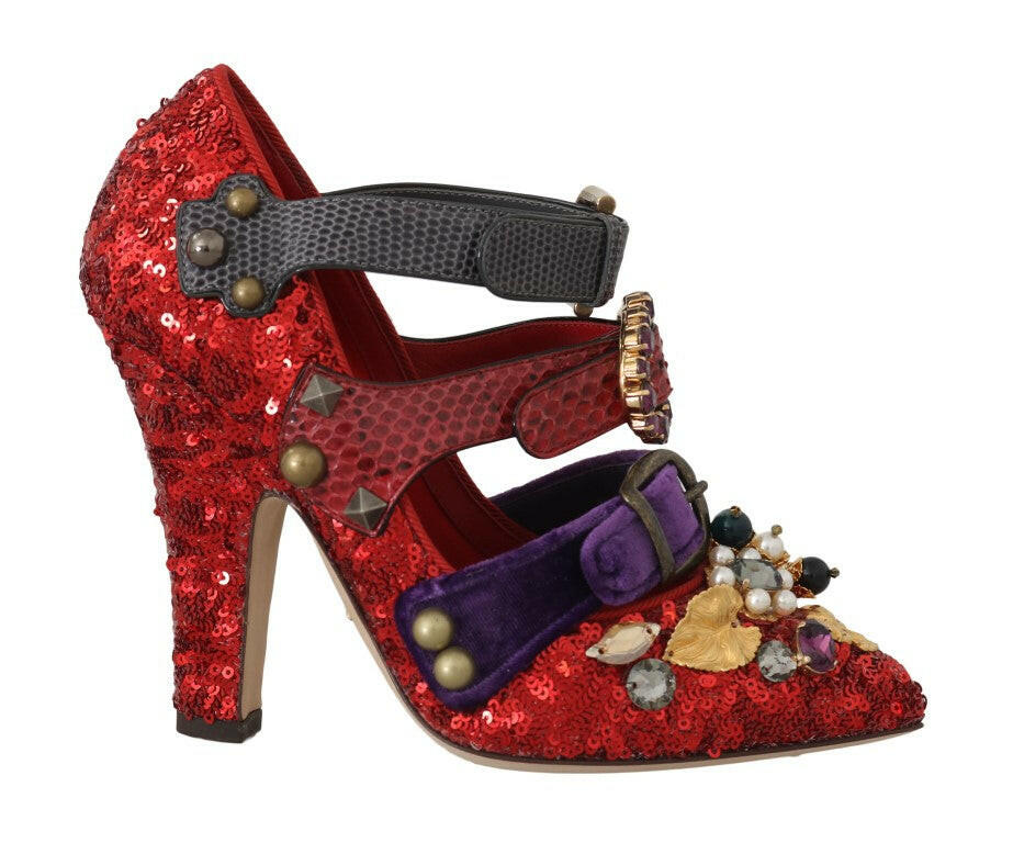 Dolce &amp; Gabbana Rote Pailletten-Heels mit Kristallnieten