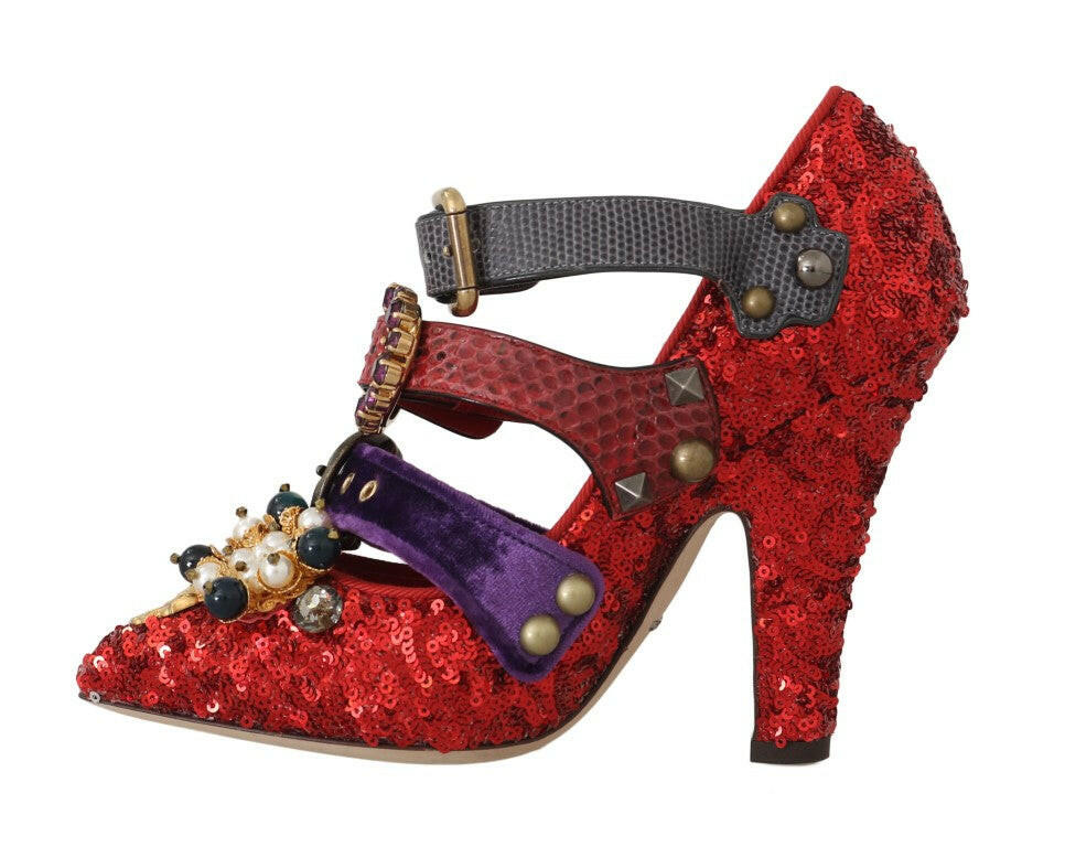 Dolce &amp; Gabbana Rote Pailletten-Heels mit Kristallnieten