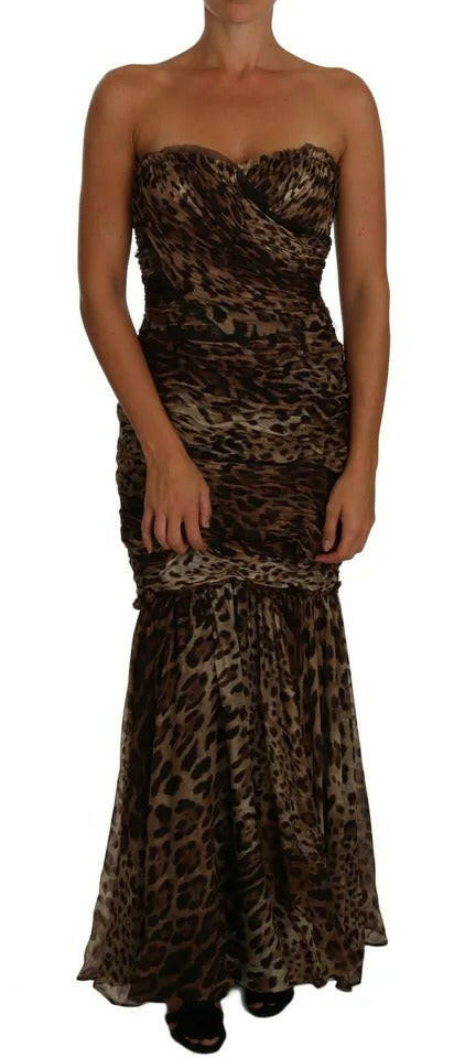 Robe longue sirène froncée en mousseline de soie à imprimé léopard marron Dolce &amp; Gabbana