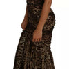 Robe longue sirène froncée en mousseline de soie à imprimé léopard marron Dolce &amp; Gabbana
