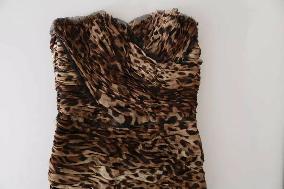 Robe longue sirène froncée en mousseline de soie à imprimé léopard marron Dolce &amp; Gabbana