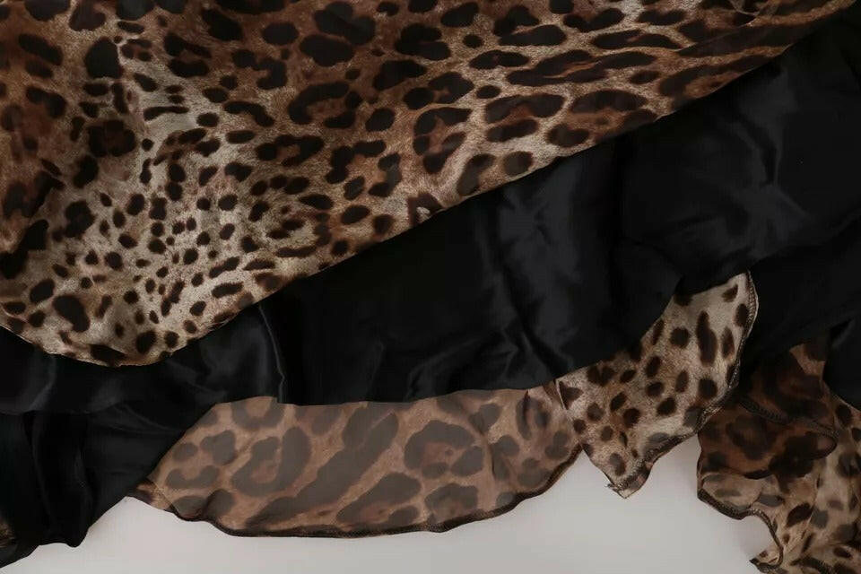 Robe longue sirène froncée en mousseline de soie à imprimé léopard marron Dolce &amp; Gabbana