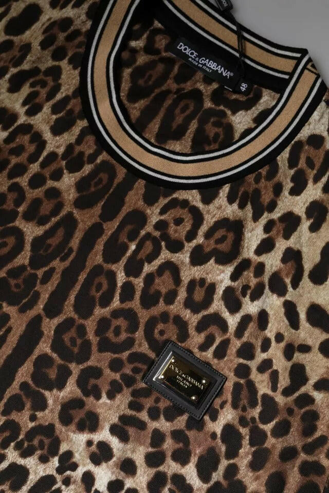 Dolce &amp; Gabbana – Braunes, kurzärmliges T-Shirt mit Rundhalsausschnitt und Leopardenmuster