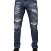 Dolce & Gabbana Blue Cotton Tattered Skinny Denim Jeans