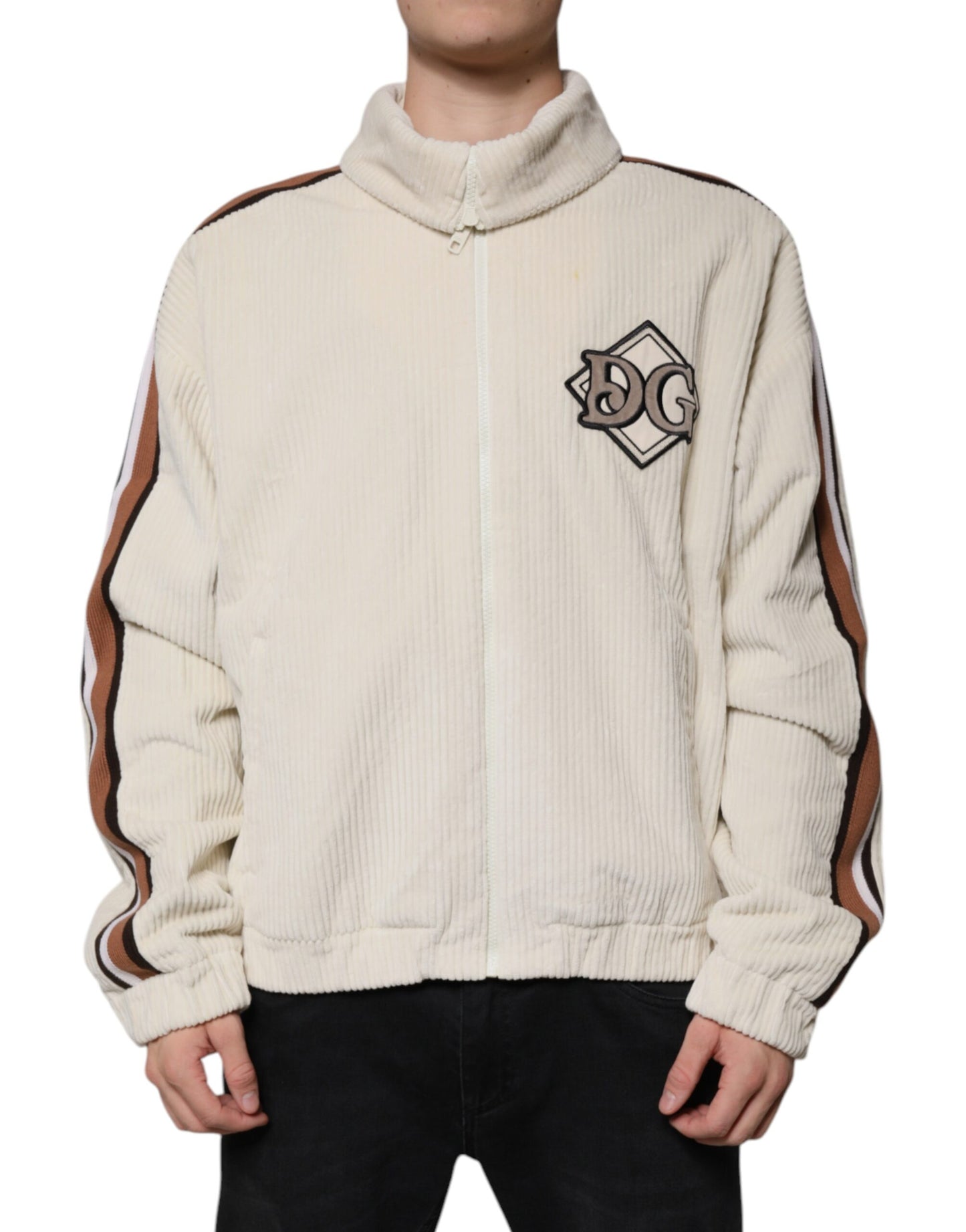 Veste zippée en velours côtelé de coton beige avec logo appliqué Dolce &amp; Gabbana