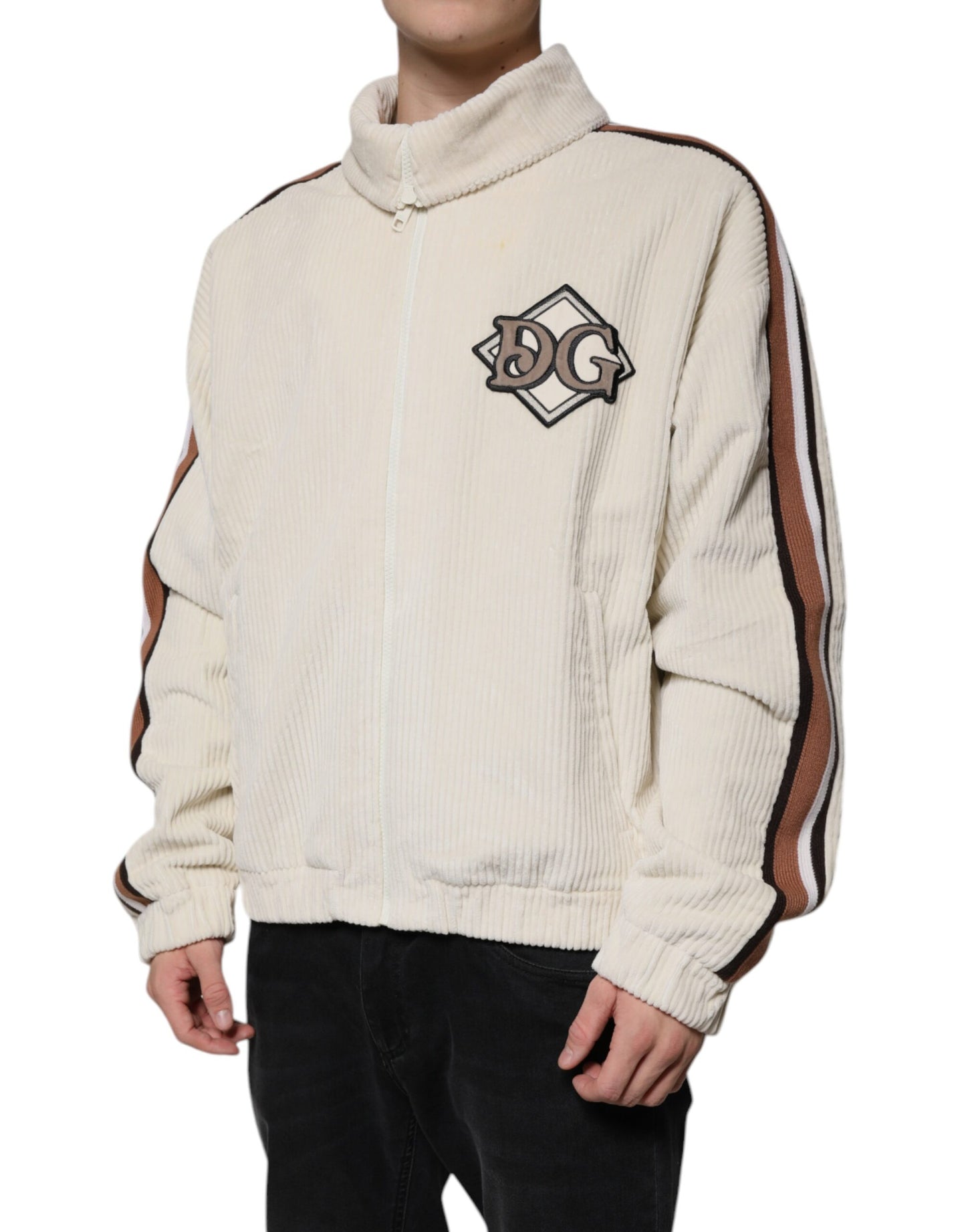 Veste zippée en velours côtelé de coton beige avec logo appliqué Dolce &amp; Gabbana