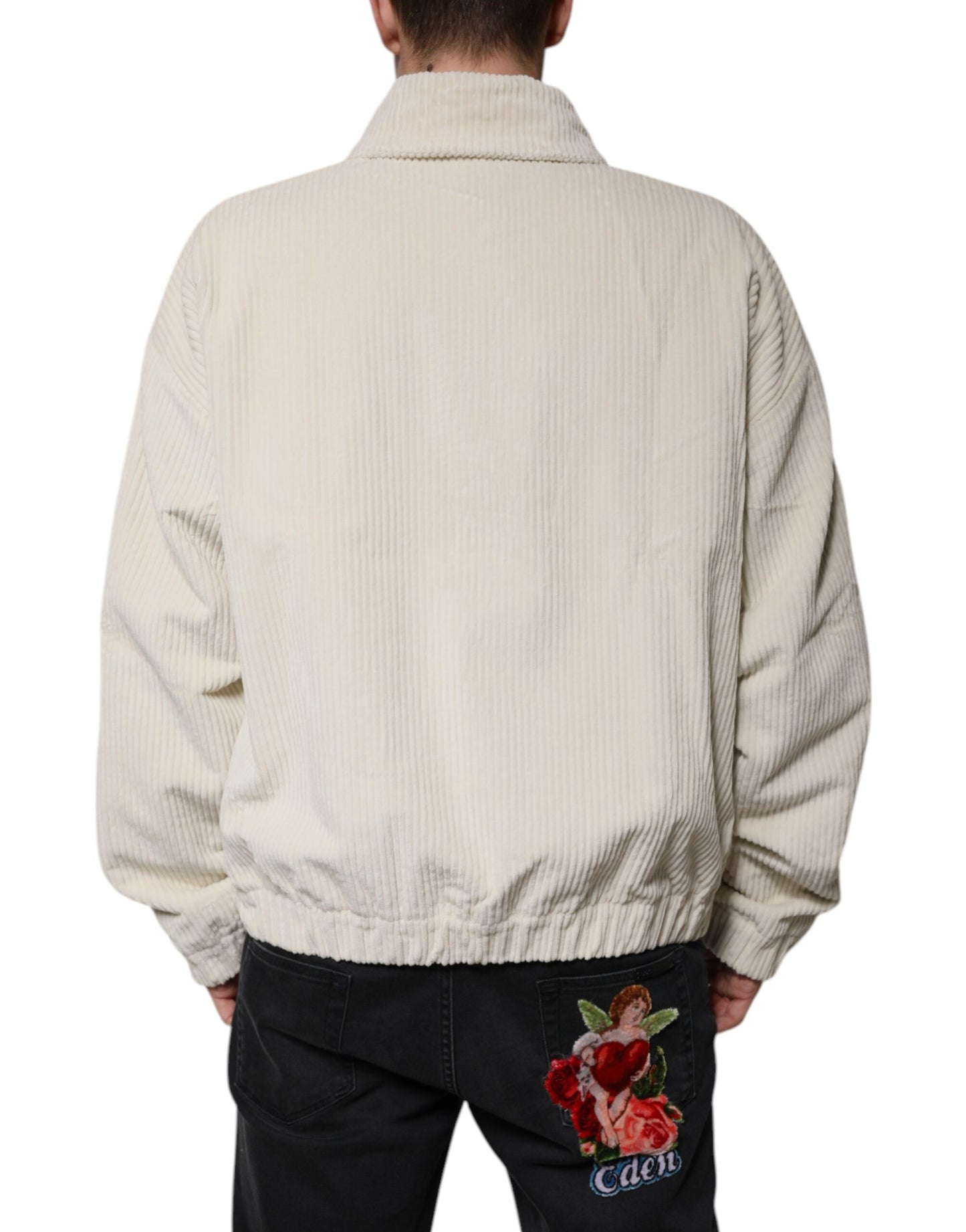 Veste zippée en velours côtelé de coton beige avec logo appliqué Dolce &amp; Gabbana