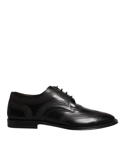 Dolce & Gabbana Black Embroidered Classic Leather Derby Dress Shoes