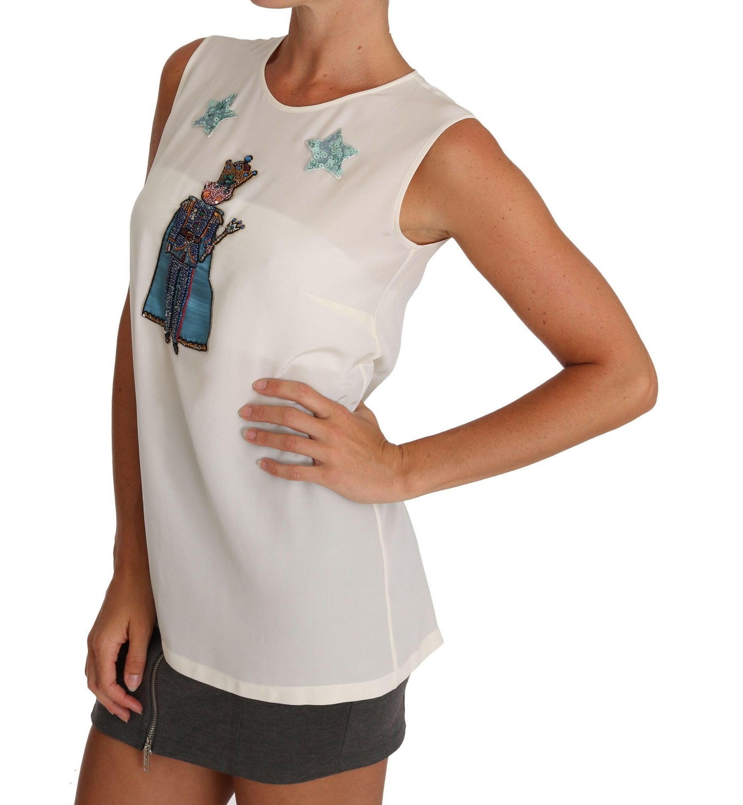 Dolce &amp; Gabbana Weißes Seiden-T-Shirt mit Kristall-Pailletten