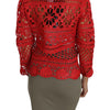 Dolce &amp; Gabbana Élégant cardigan en tricot crocheté rouge avec col en fourrure