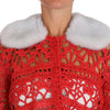 Dolce &amp; Gabbana Élégant cardigan en tricot crocheté rouge avec col en fourrure