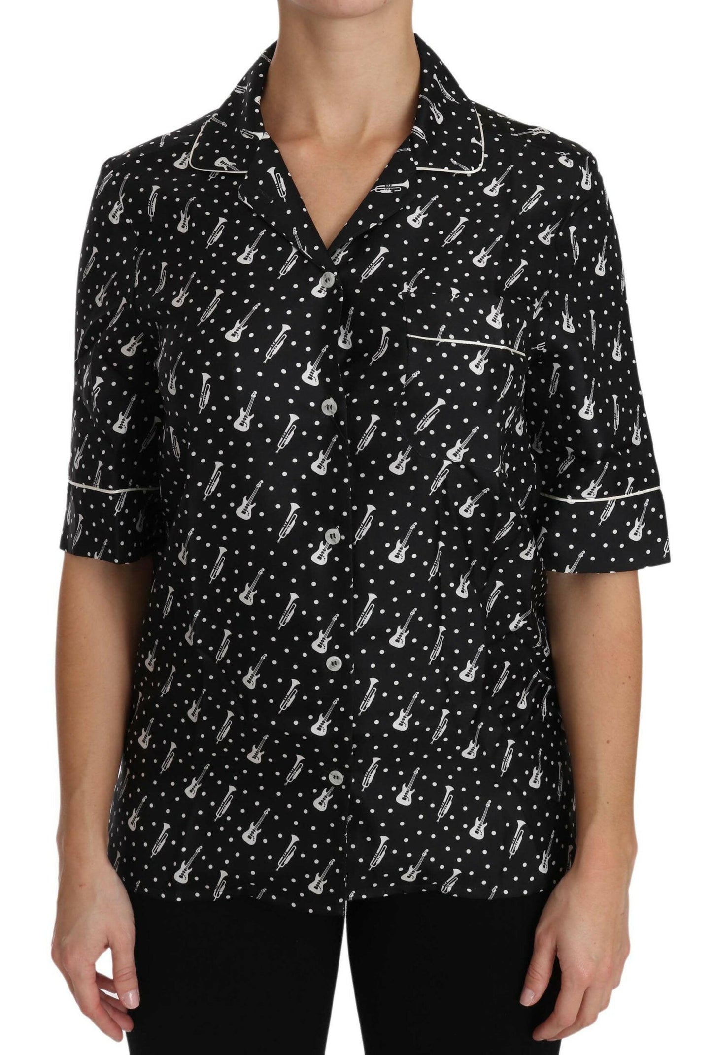 Dolce & Gabbana Black GuitarTrumpet Print Silk Shirt Top