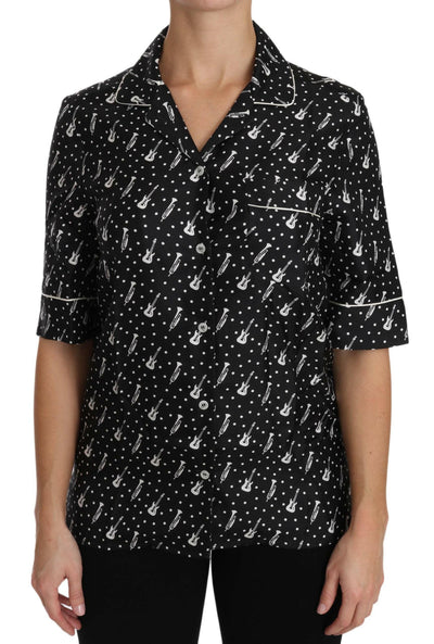 Dolce & Gabbana Black GuitarTrumpet Print Silk Shirt Top
