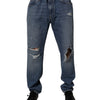 Dolce & Gabbana Blue Tattered Cotton Straight Denim Jeans