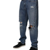 Dolce & Gabbana Blue Tattered Cotton Straight Denim Jeans