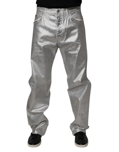Dolce &amp; Gabbana – Gerade geschnittene Jeans aus Baumwolle in Metallic-Silber