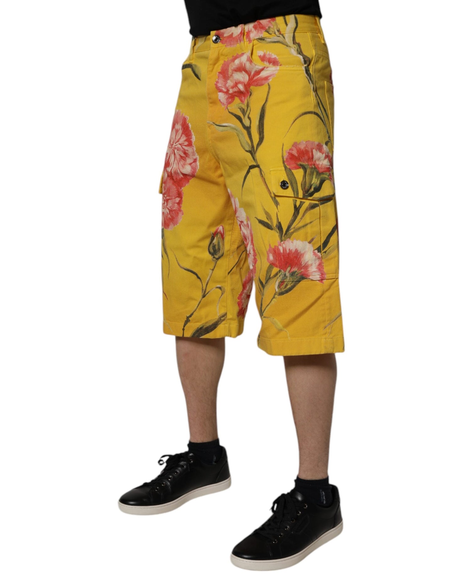 Dolce & Gabbana Yellow Floral Cargo Denim Men Bermuda Shorts