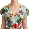 Dolce & Gabbana Green Floral Short Sleeves Cotton V-neck Dress