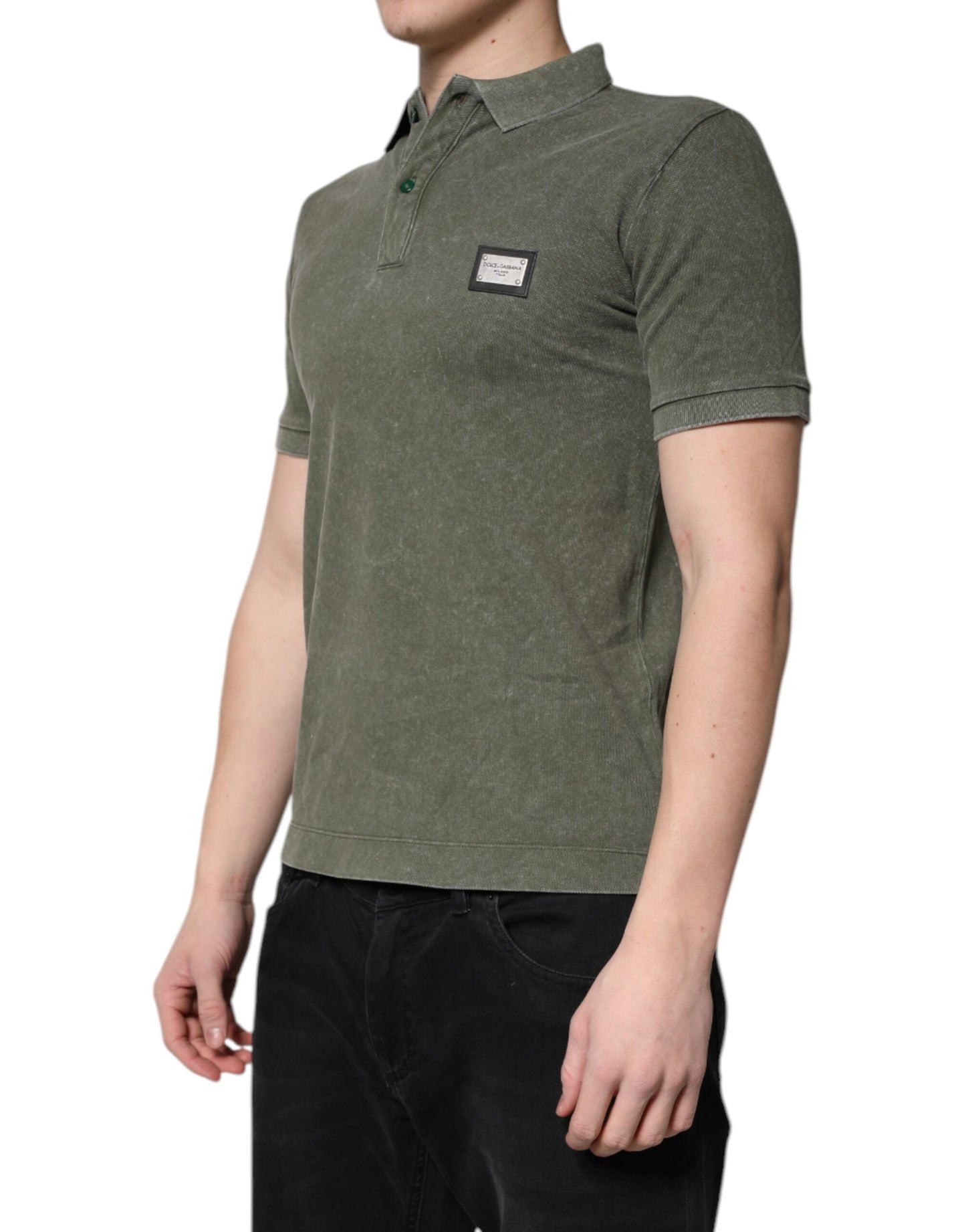 Dolce & Gabbana Army Green Logo Plaque Cotton Polo Shirt T-shirt