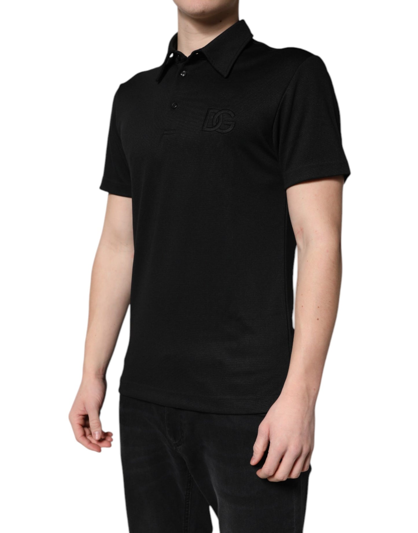 Dolce &amp; Gabbana – Schwarzes Polo-T-Shirt aus Polyester mit DG-Logo und Kragen