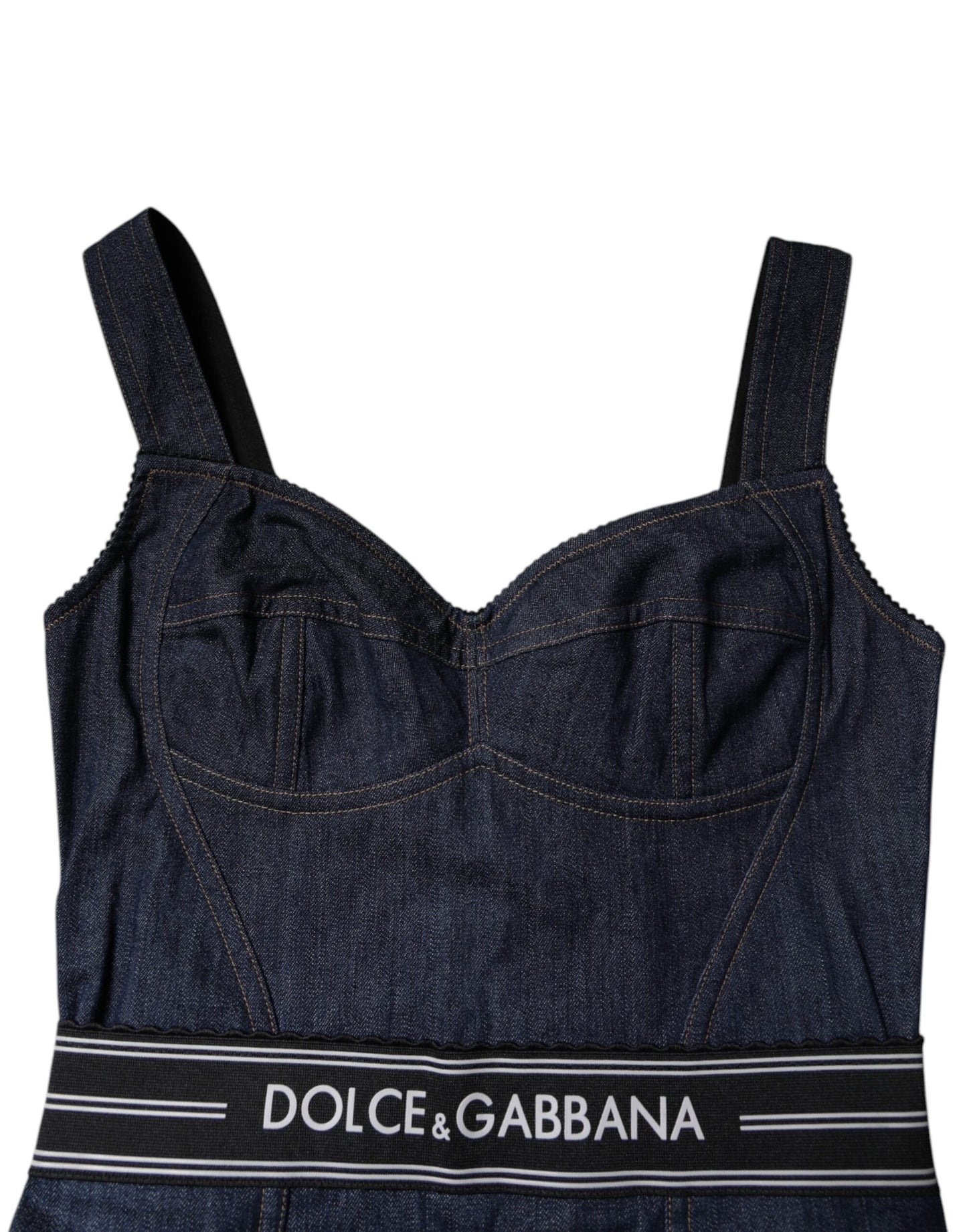 Dolce &amp; Gabbana – Ärmelloser, figurbetonter Denim-Body aus Baumwollstretch in Blau