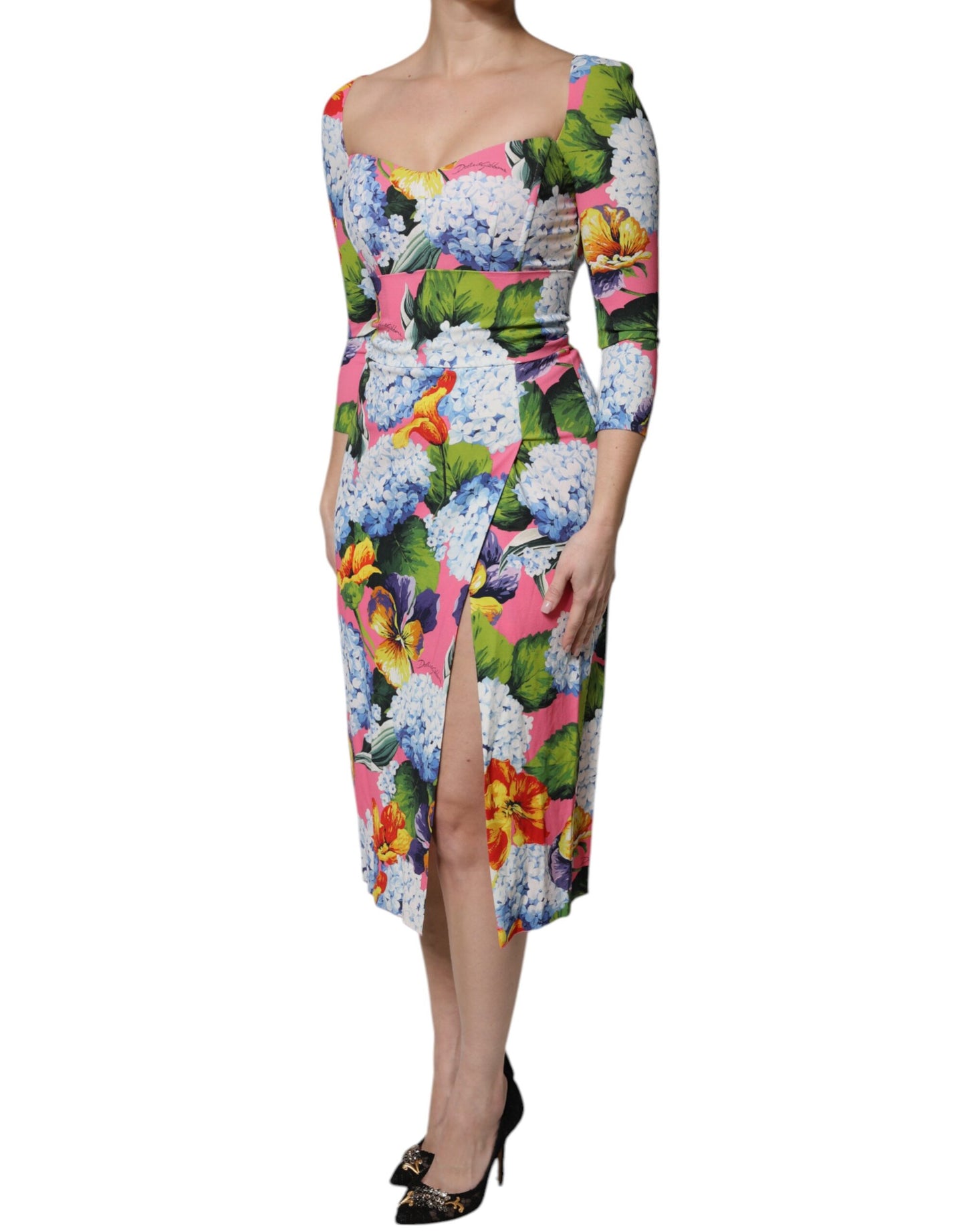 Dolce & Gabbana Multicolor Floral Side Slit Midi Dress