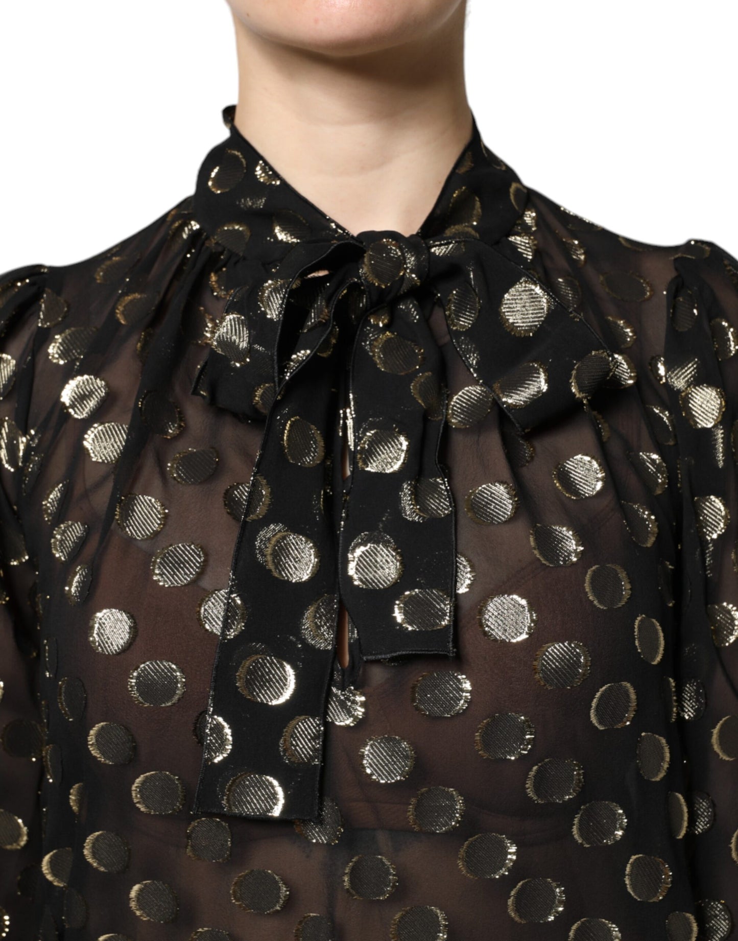 Dolce & Gabbana Black Sheer Tied Neck Polka Dots Blouse Top
