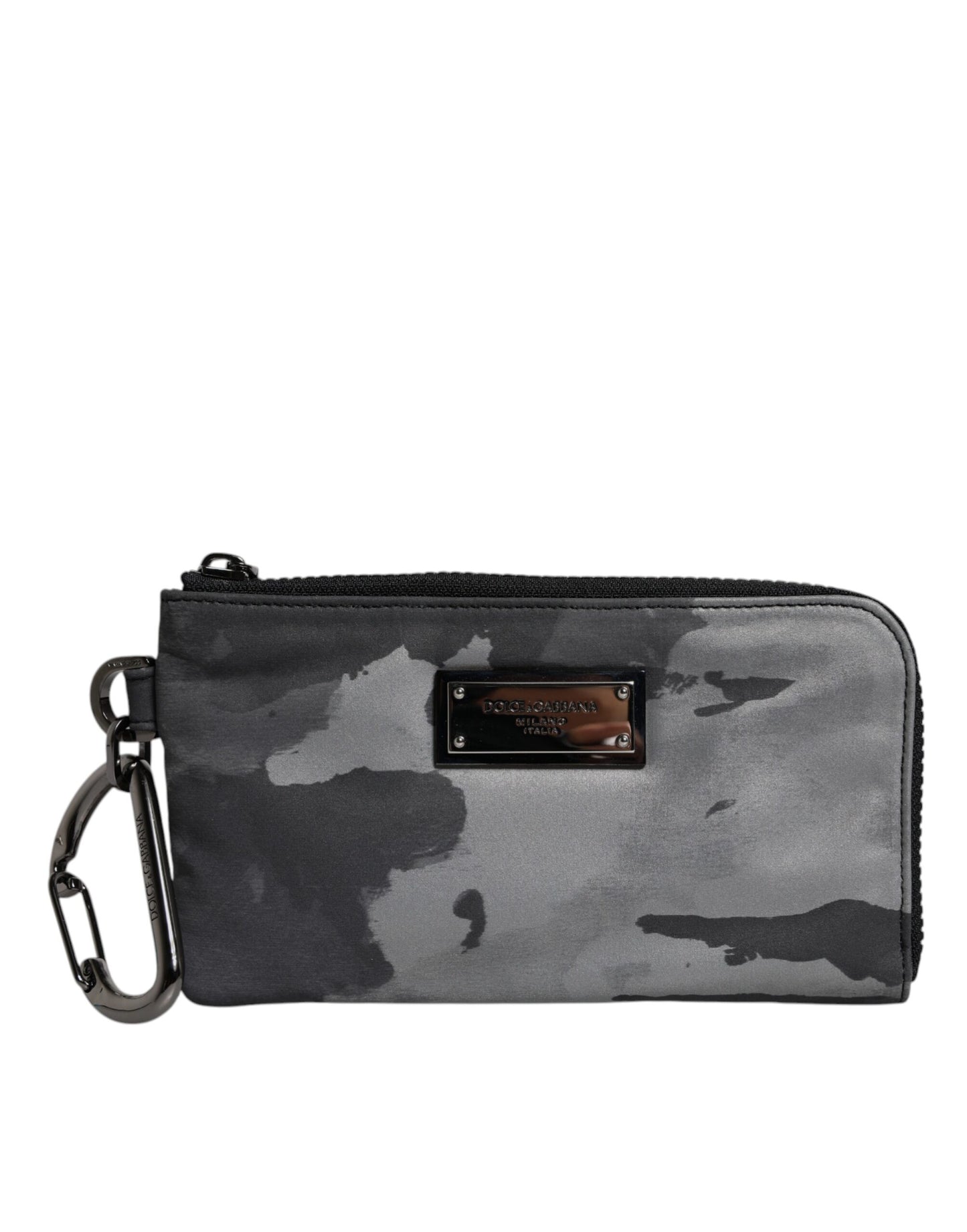 Dolce &amp; Gabbana – Schwarz-graue Camouflage-Tasche mit Logo-Plakette und Schlüsselanhänger